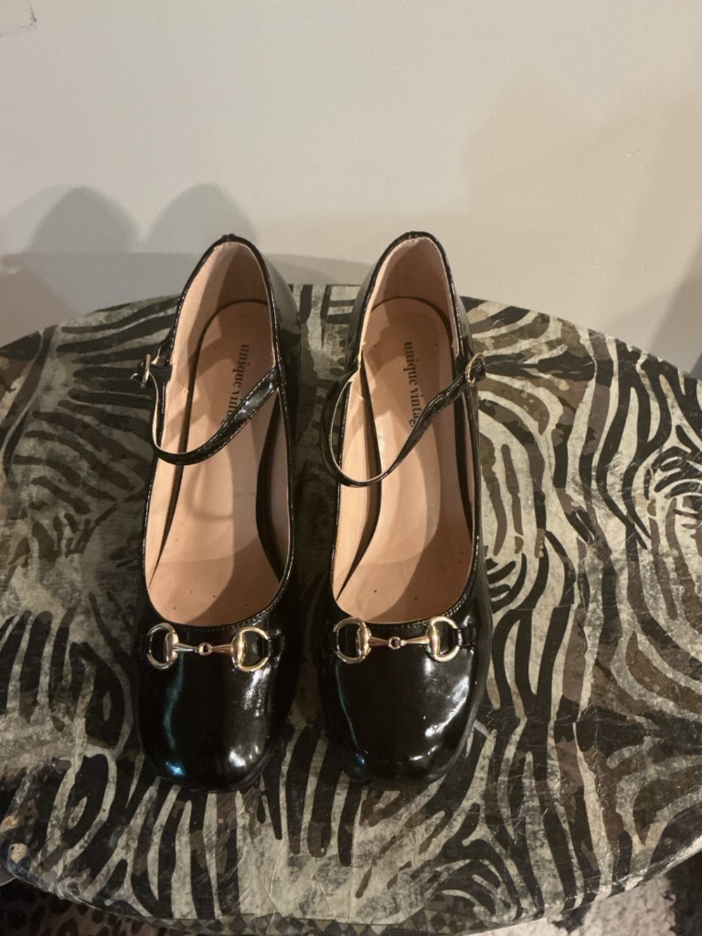 Unique Vintage Black Patent Mary Jane Pumps with Gold Horsebit Accent